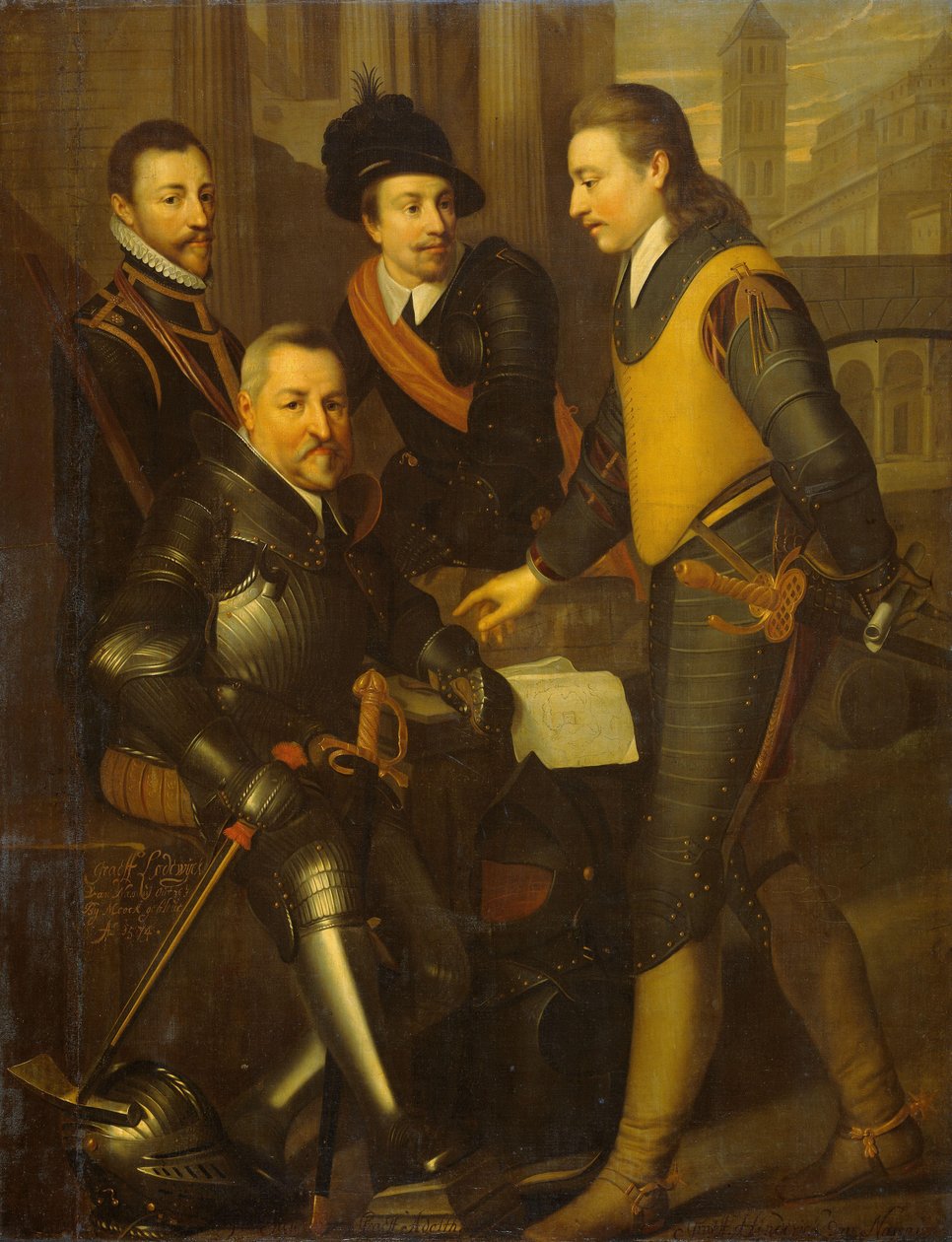 Gruppporträtt av de fyra bröderna till William I, Prins av Orange: Jan (1535-1606), Hendrik (1550-74), Adolf (1540-68) och Lodewijk (1538-74), grevar av Nassau av Wybrand de Geest (I) (workshop of)