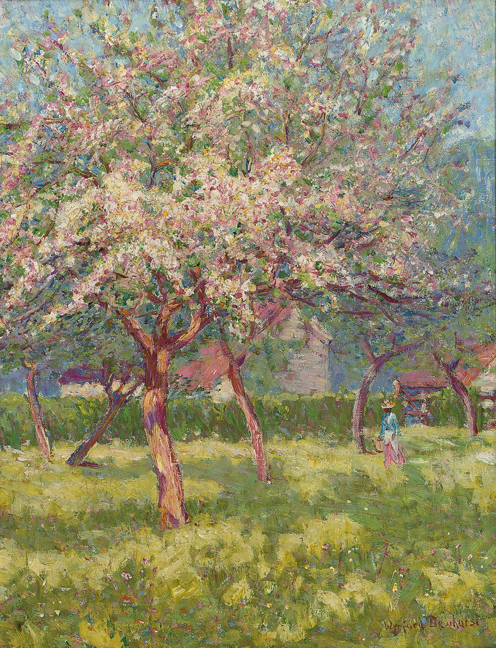En fruktträdgård i blom (olja på duk) av Wynford Dewhurst