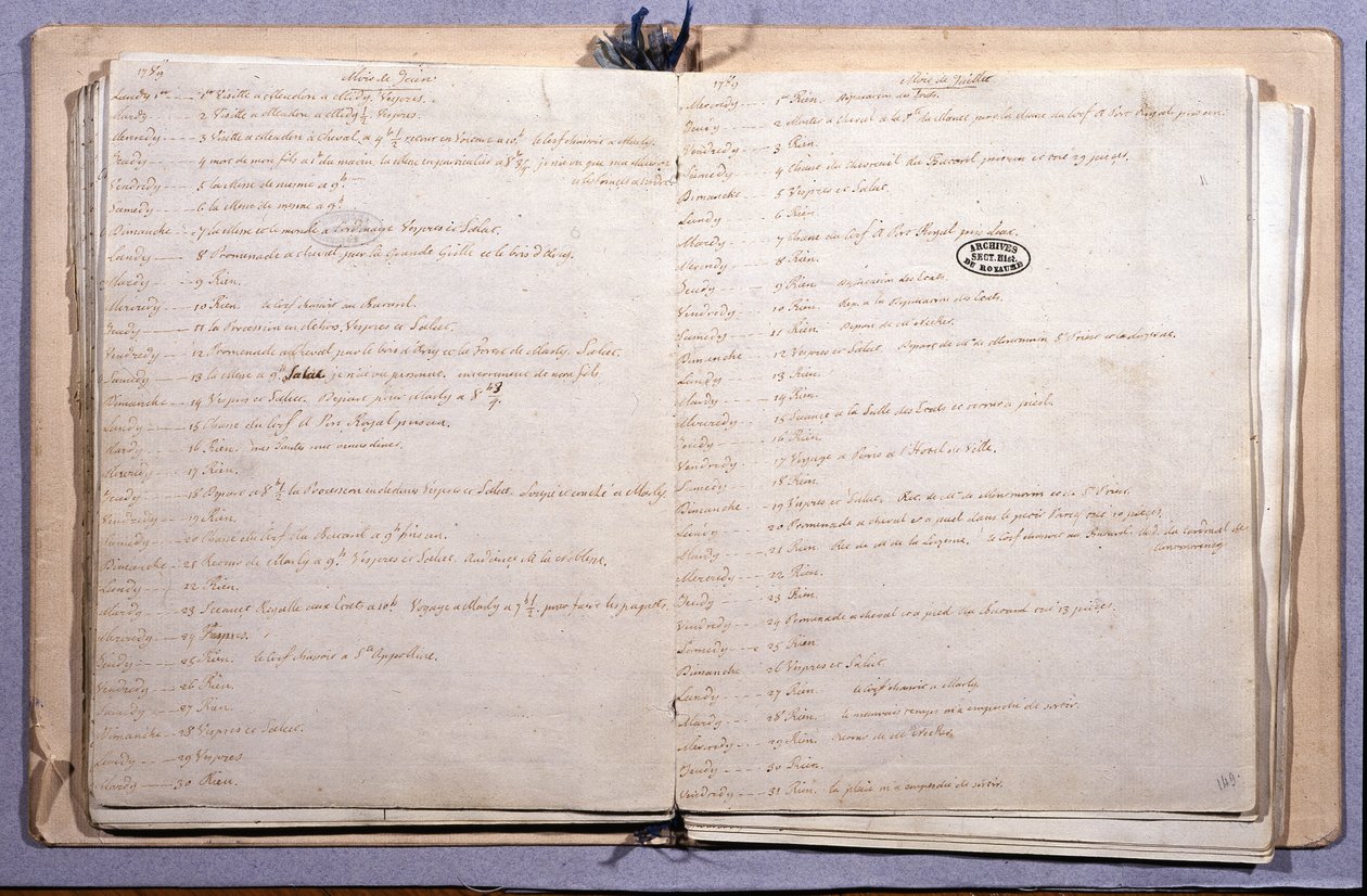 Tidskrift för Ludvig XVI. Juni och juli månad 1789. Anteckningsbok 17X21 cm. Arkiv Nationales. Paris av XVI Louis