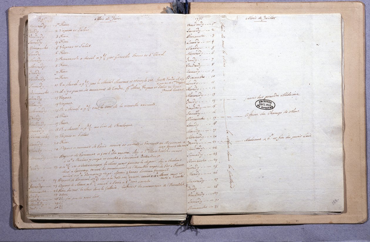 Tidskrift för Ludvig XVI. Juni och juli månad 1791. Anteckningsbok 17X21 cm. Arkiv Nationales. Paris av XVI Louis