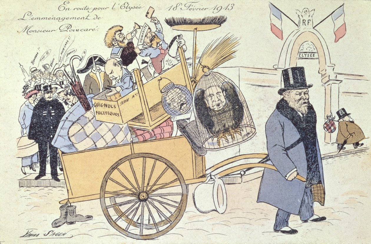 Karikatyr av Raymond Poincare (1860-1934) som flyttar till Elysee-palatset, februari 1913 av Xavier Sager