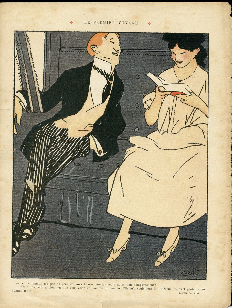 Illustration av Xavier Gose (1876-1915) i Le Lire, 27/08/10 - The First Journey - Järnvägståg, Herrmode, Adultere av Xavier Gose