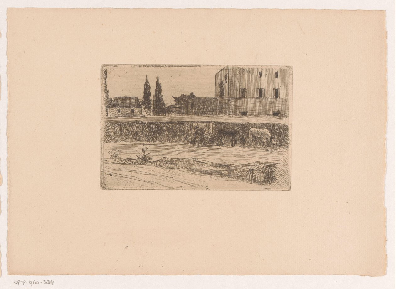 Landskap med byggnader och en figur på jobbet av Xavier Mellery (attributed to)