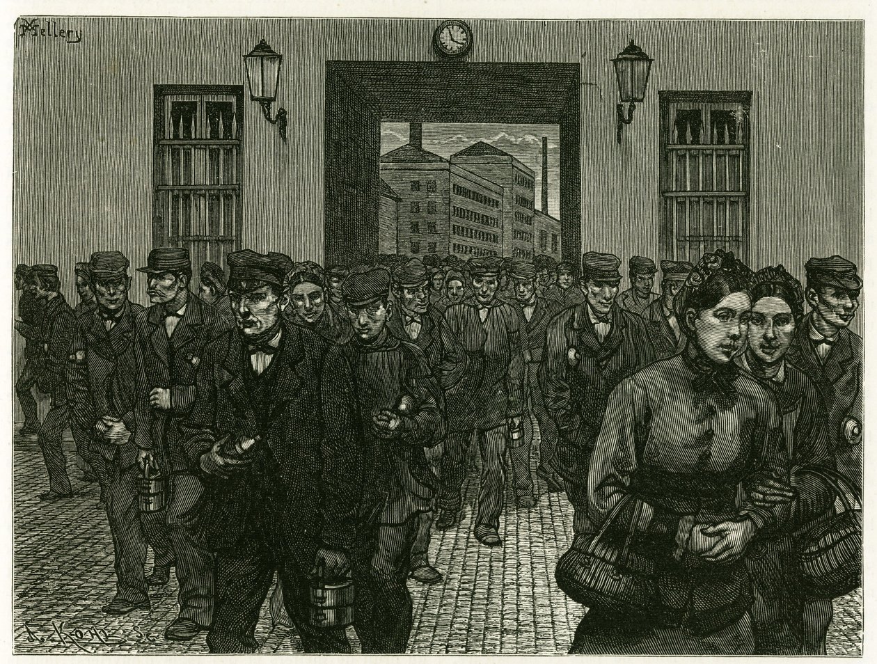 En fabriksutgång i Gent. Gravyr av X. Mellery, efter naturen, för att illustrera berättelsen "" Belgien", 1888, av Camille Lemonnier (1844-1913), konstkritiker och författare. Publicerad i Tour du monde, andra terminen 1883, redigerad av Edouard Charton (1 av Xavier Mellery