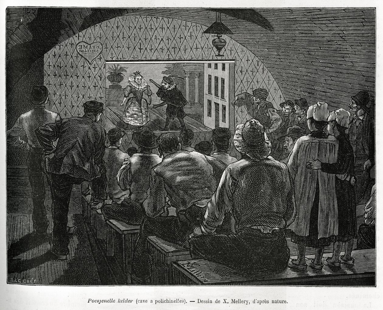 Cellar a Polichinelles, en källare designad för dockteater. Gravyr av X.Mellery, för att illustrera historien om Belgien, av Camille Lemonnier, publicerad i Tour du monde, redigerad av Edouard Charton (1807-1890) av Xavier Mellery