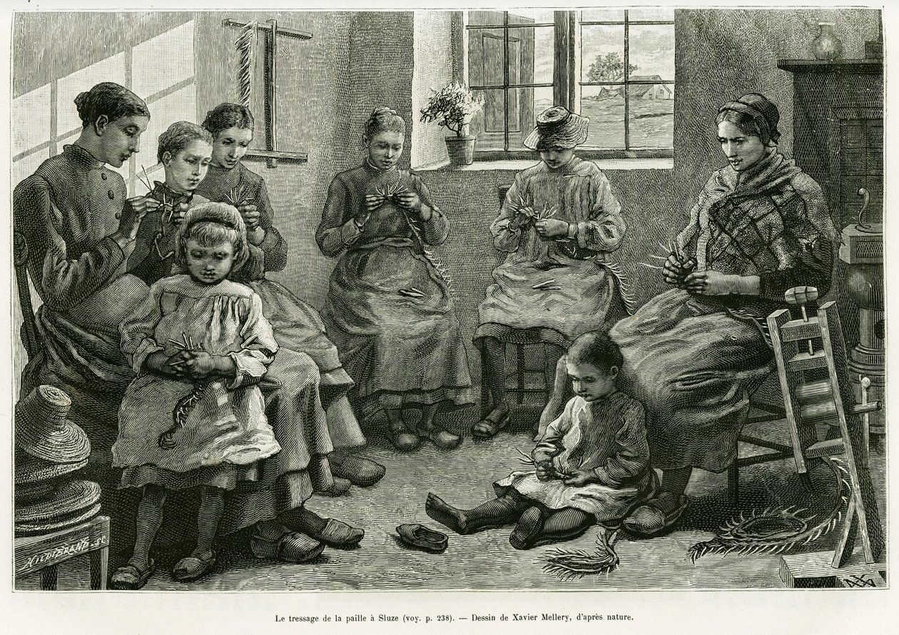 Flätningen av halm har Sluze. Gravyr av Xavier Mellery för att illustrera berättelsen La Belgique, av Camille Lemonnier, i le tour du monde 1886, regisserad av Edouard Charton (1807-1890), Hachette, Paris. av Xavier Mellery