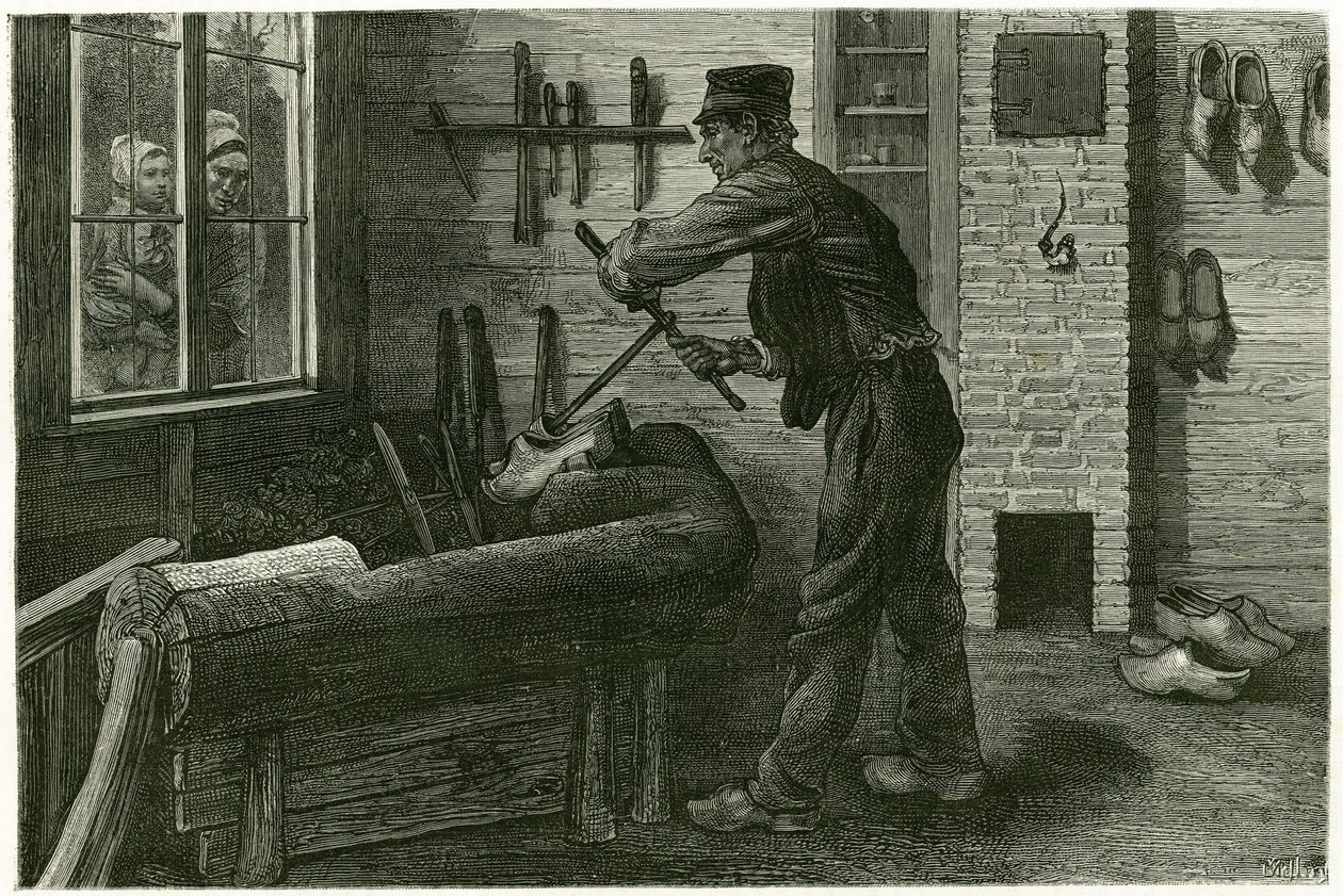 Sabotören av Terneuzen, har sin etablerade, förstorar och gräver veden med hjälp av krammar. Gravyr av X.Mellery, efter naturen, för att illustrera berättelsen "" Belgien", 1888, av Camille Lemonnier (1844-1913), konstkritiker och författare. Publicerad i  av Xavier Mellery
