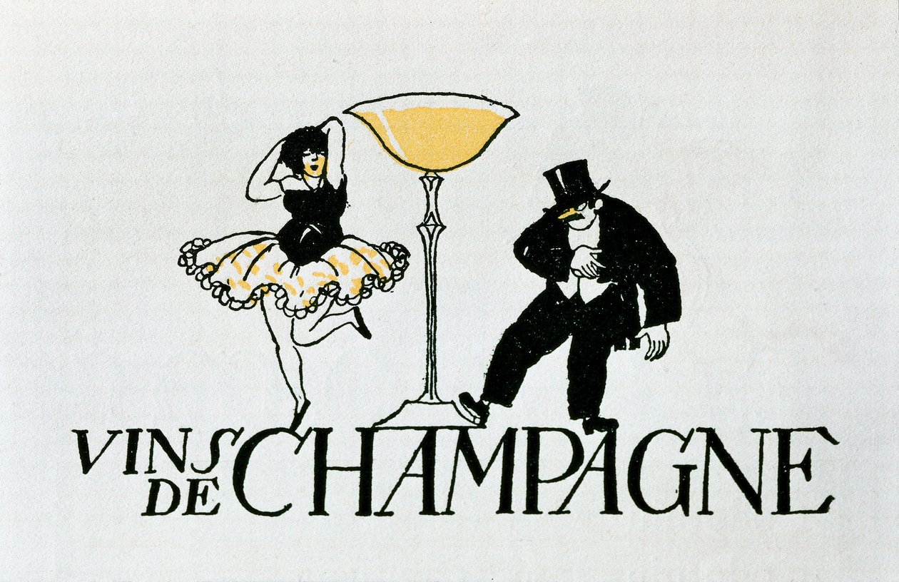 Reklamvinjett för champagneviner som representerar ett par som dansar runt en kopp, 1900-tal (affisch) av Xavier Nogues