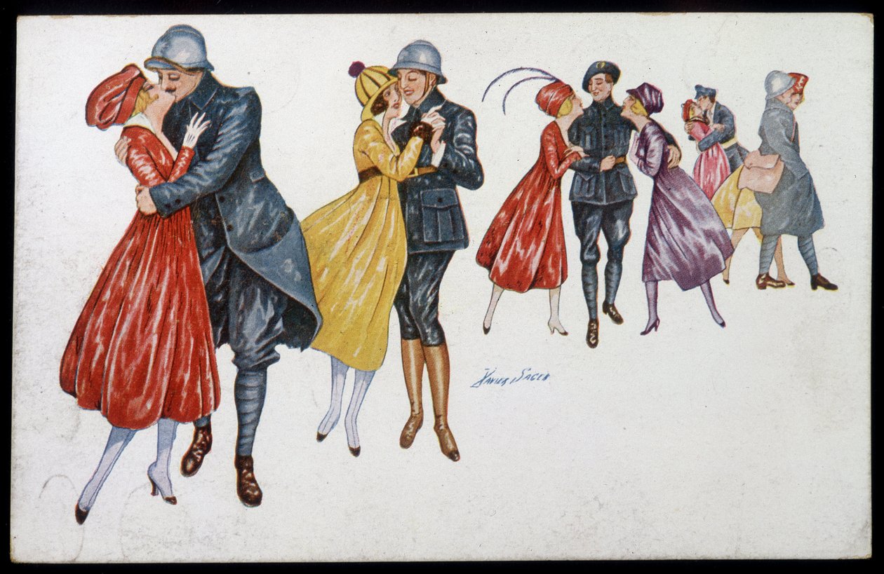 Militär och deras fästmöar, marainer eller vänner - illustration av Xavier Sager (1870-1930) vykort, v.1915 av Xavier Sager