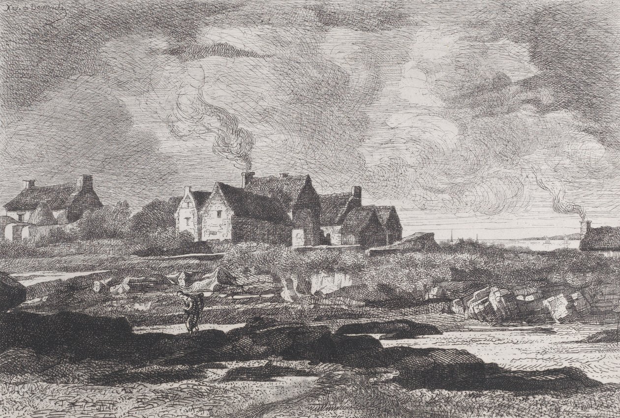 Landsbygd med en flod som rinner till höger och hus i bakgrunden, 1845-75. av Xavier de Dananche
