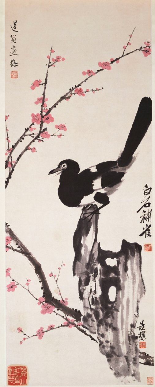 Plum Blossoms and Magpie (bläck och färg på papper) av Xiao Sun (1883 1944) Zhou Shaoxiang (1880 1954) Qi Baishi