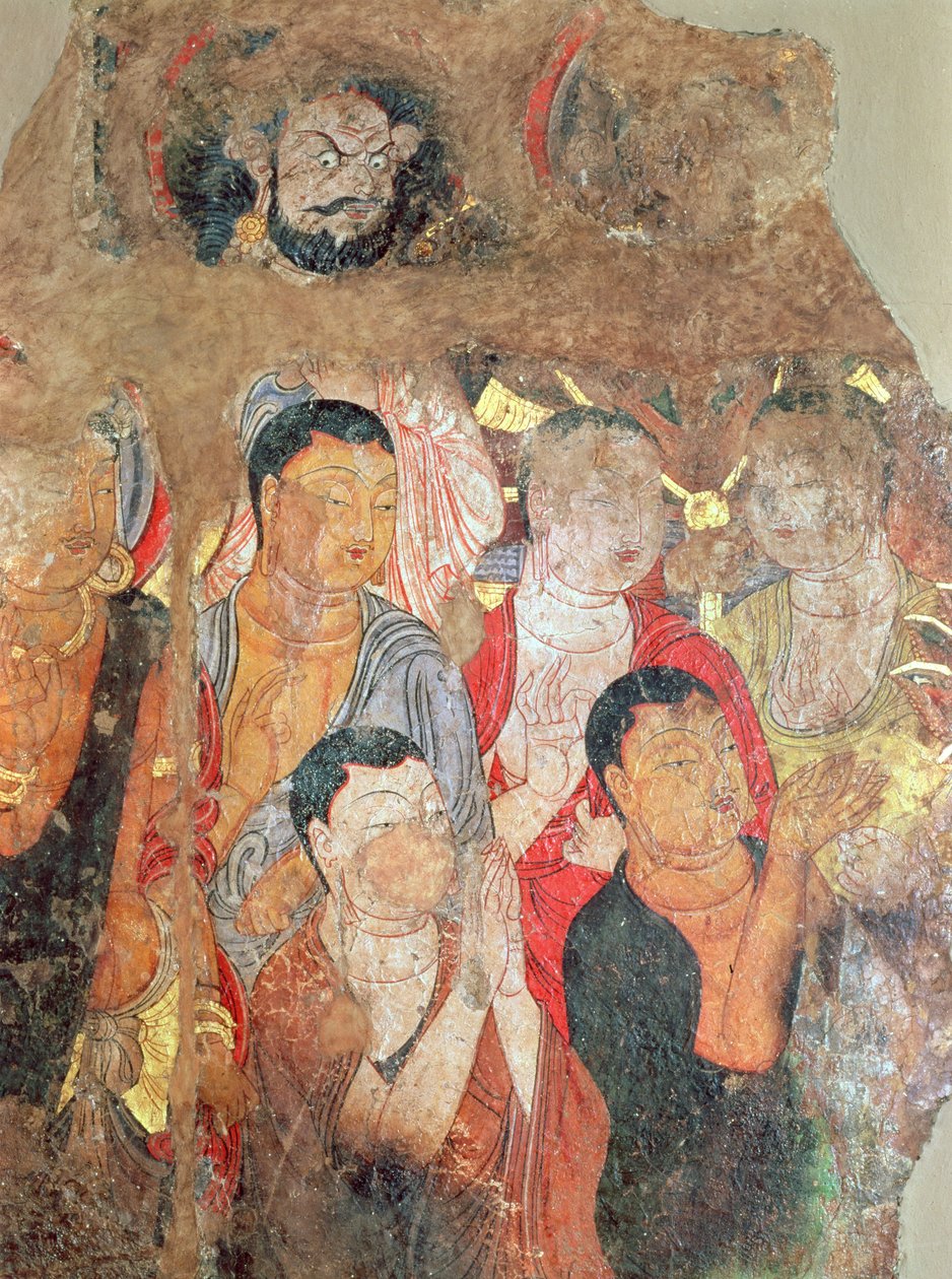 Grupp av munkar och Buddha, från Shikshin-klostret, Karashar, 900-1000-talet (fragment av en målning) av Xingjiang