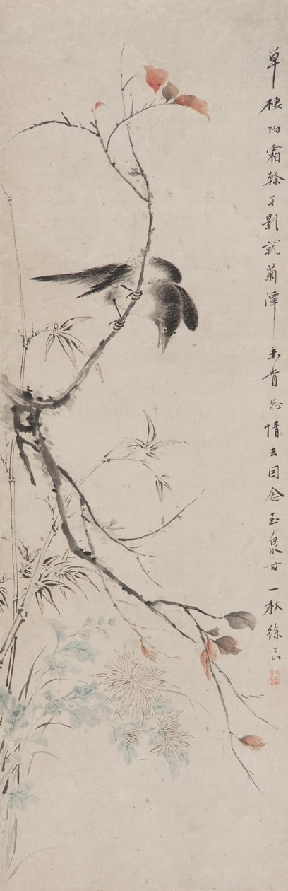 Fågel på en höstgren, Qing-dynastin (bläck & färg på papper) av Xu Gang