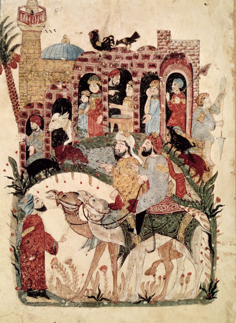 Ms Ar 5847 f.138, Abu Zayd och Al-Harith frågar ut bybor, från "Al Maqamat" (Mötena) av Al-Hariri, ca 1240. av Yahya ibn Mahmud Al Wasiti