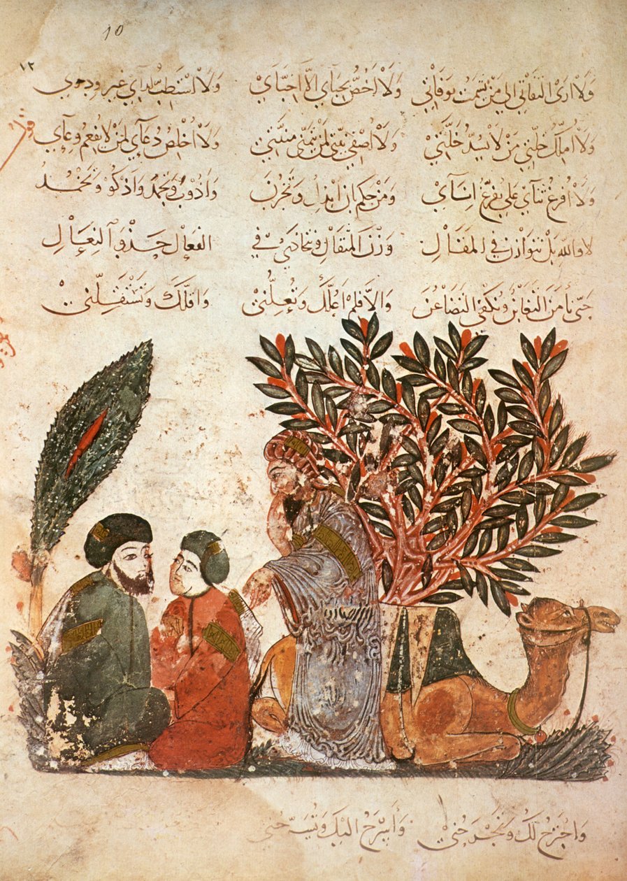 Ms Ar 5847 f.10, Karavanen stannar: Al-Harith (al-Hariri) lyssnande omvändelse mellan och man och hans son, från Al Maqamat av Al Hariri, ca 1240 (gouache på veläng) av Yahya ibn Mahmud Al Wasiti
