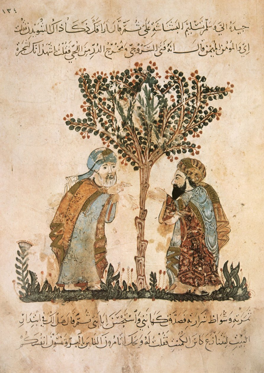 Ms Ar 5847 f.121, Abou Zayd talar med Al-Harith, från Al Maqamat av Al Hariri, c.1240 (gouache på veläng) av Yahya ibn Mahmud Al Wasiti