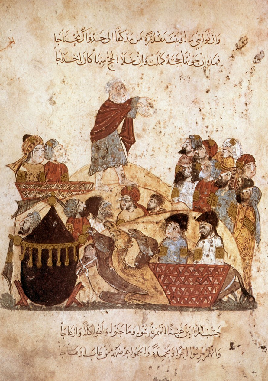 Ms Ar 5847 f.29, Abou Zayd predikar för en karavan av pilgrimer, från Maqamat av Al Hariri, ca 1240 (gouache på veläng) av Yahya ibn Mahmud Al Wasiti