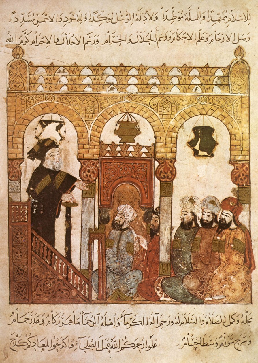 Ms Ar 5847 f.84, Abou Zayd predikar i moskén i Samarkhand, från Maqamat av Al Hariri, ca 1240 (gouache på veläng) av Yahya ibn Mahmud Al Wasiti