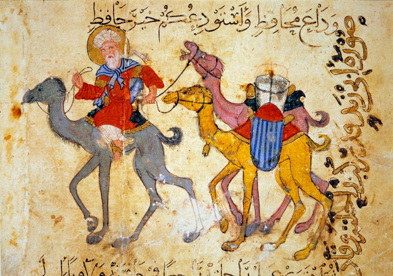 Kamelkaravan i öknen (Caravan) Miniatyr från "Maqamat" (Seanser) av Abu Mohammed al-Kasim ibn Ali Hariri (eller Al-Hariri eller Al Hariri) (1054-1122) upplyst av Yahya Mahmud al-Wasiti (al Wasiti) ).) år 1237, Paris, B.N. av Yahya ibn Mahmud Al Wasiti