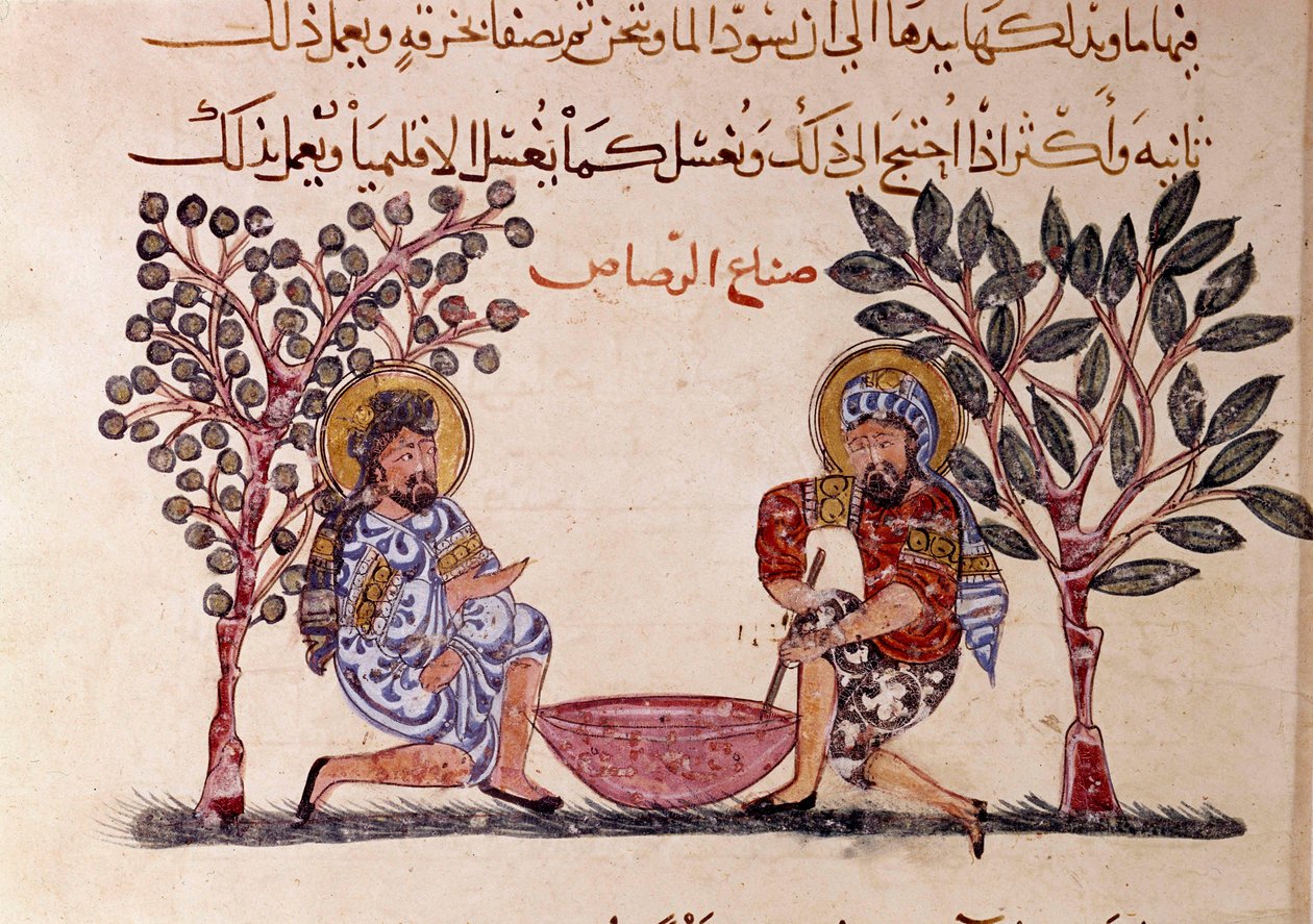 The Making of Lead Page av "" Maqamat"" (Seances), en pikaresk dikt från 1000-talet av den arabiska poeten Abu Mohammed al-Kasim ibn Ali Hariri (eller Al-Hariri eller Al Hariri) (1054-1122) illustrerad av Al-Wasiti (al-Wasiti) av Yahya ibn Mahmud Al Wasiti