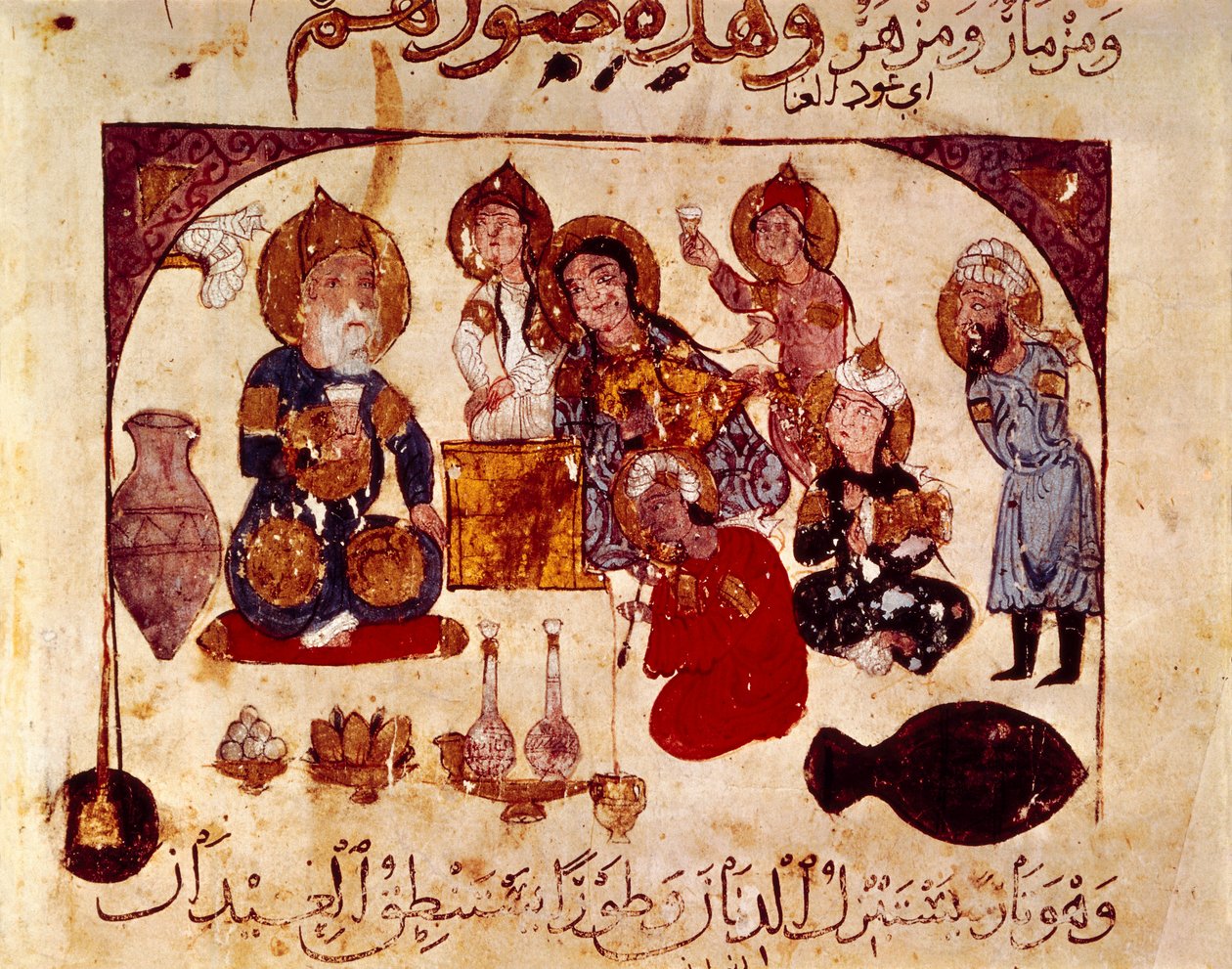 Abou-Zayd på Hanah-krogen, miniatyr från "Maqamat" (Sayings), ms. 3929, fol. 34v av Yahya ibn Mahmud Al Wasiti