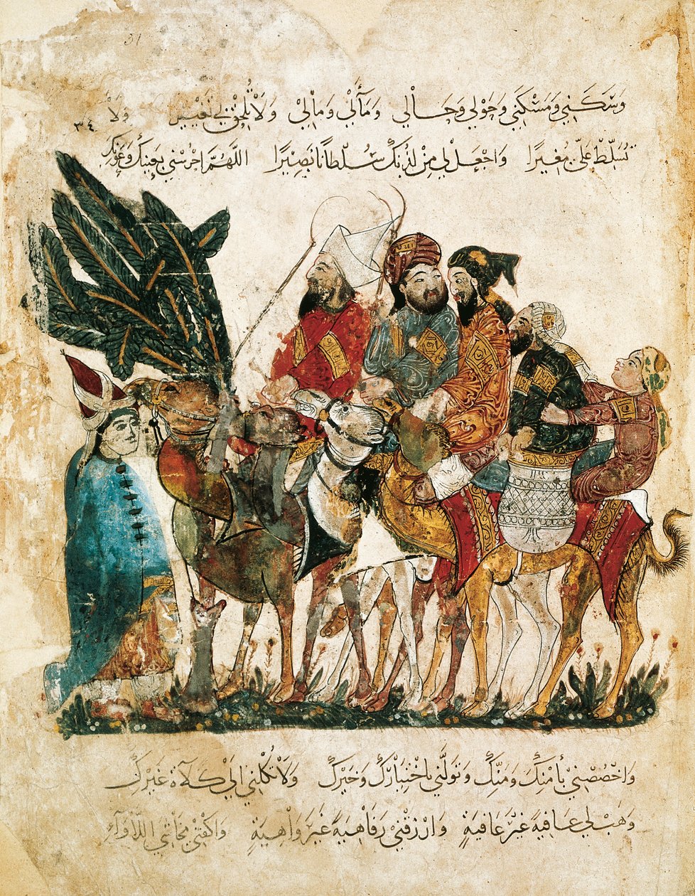 Karavan av arabiska handlare, miniatyr från Maqamat (The Meetings) av Al-Hariri, ca 1240 (gouache på veläng) av Yahya ibn Mahmud Al Wasiti