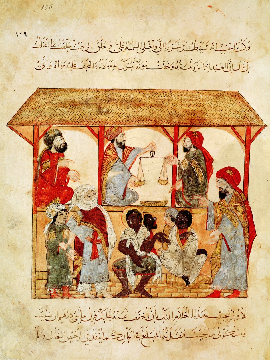 Ms. Ar 5847 f.105, A Slave Market, från "Al Maqamat" av Yahya ibn Mahmud Al Wasiti