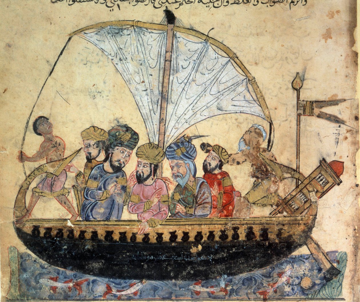 den borgerliga al-Harith (Al Harith), son till Hammam, och den vandrande navigatören Abu-Zayd (Abu Zayd) på en båt som seglar på Eufrat-miniatyren från "Maqamat" (Seanser) av Abu Mohammed al-Kasim ibn Ali Hariri (eller Al-Hariri eller Al Hariri) (1054-1122 av Yahya ibn Mahmud Al Wasiti