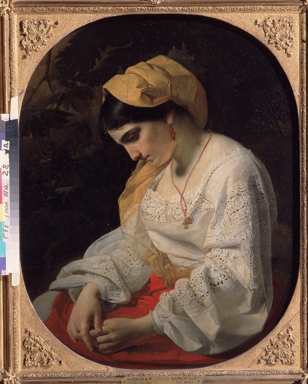 En ung brud (A Bride). Profilporträtt av en ledsen ung kvinna med ett uppgivet uttryck. Målning av Yakov Fyodorovich Kapkov (1816-1854), olja på duk av Yakov Fyodorovich Kapkov