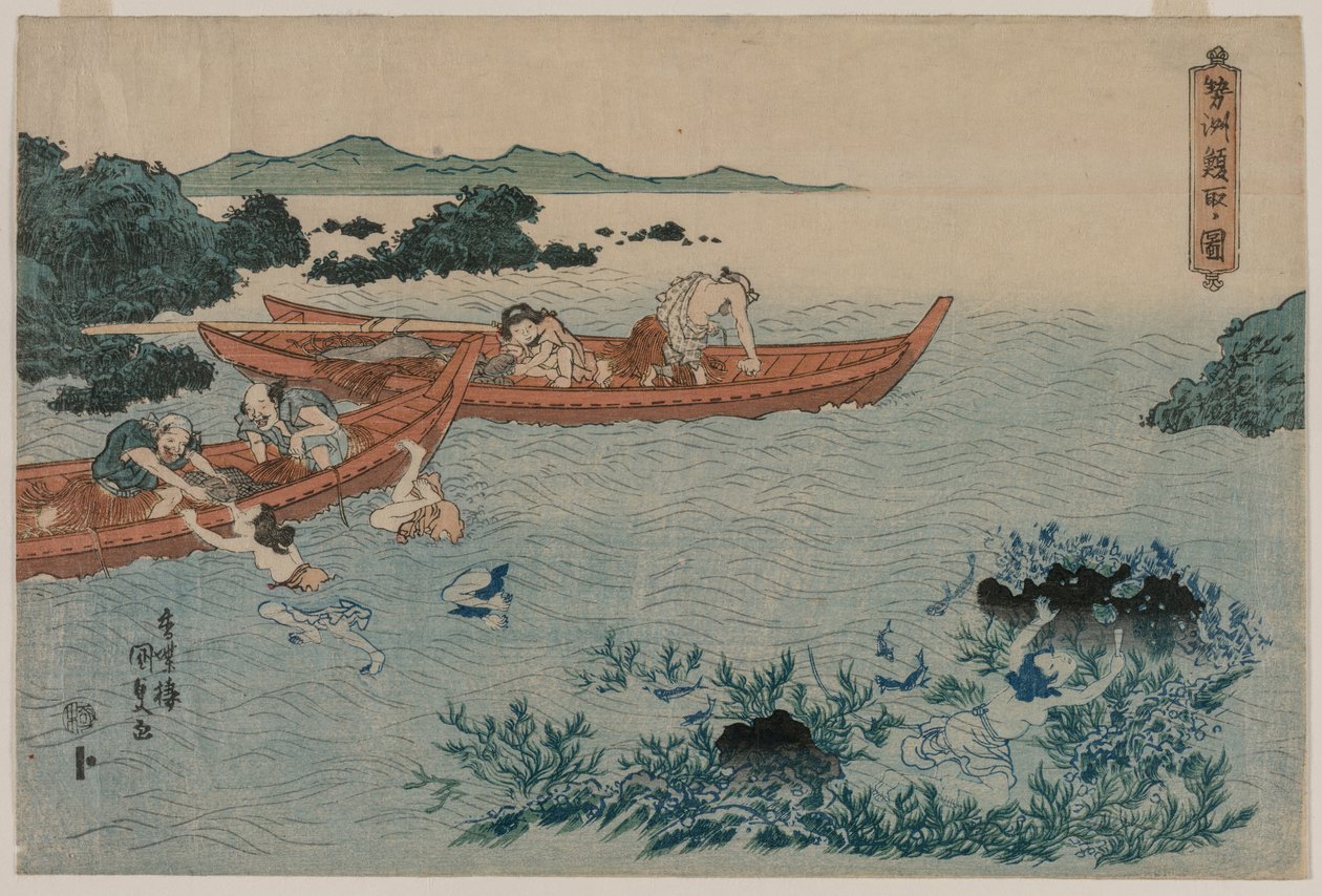 Abalone Divers utanför Ise Coast, från en Untitled Landscape Series, tidigt 1830-tal. av Yamaguchiya Tobei