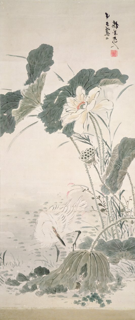 Häger och lotus, n.d. av Yamamoto Baiitsu