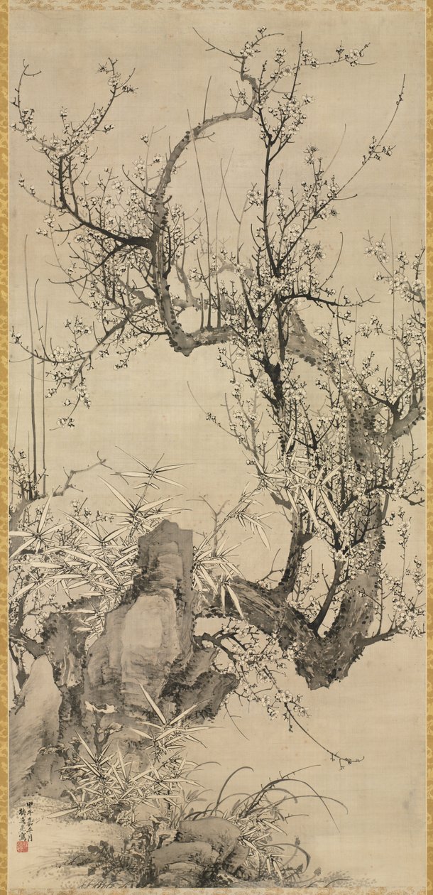 Plommon, bambu och orkidé, 1834. av Yamamoto Baiitsu