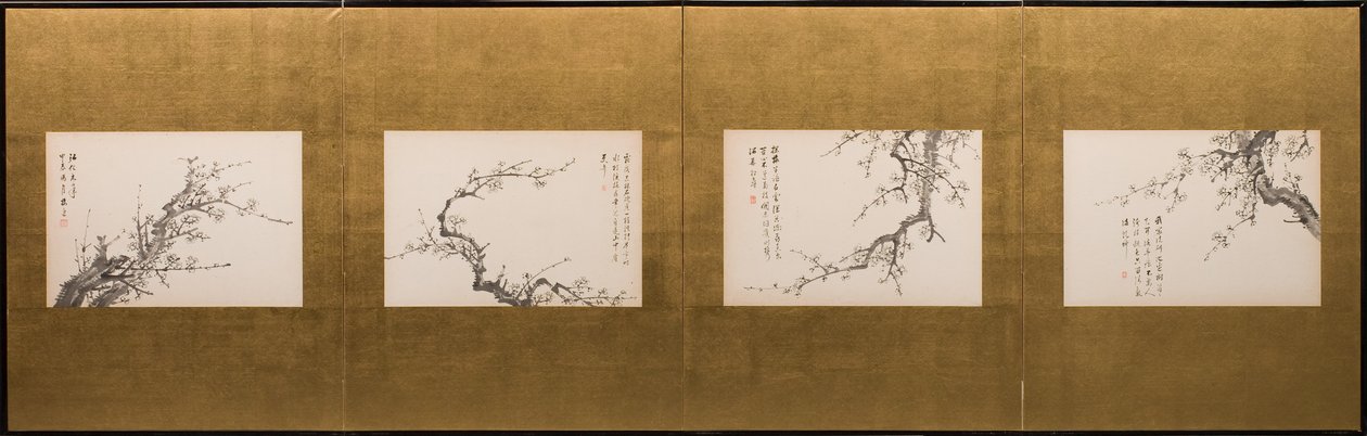 Prunus Blossoms, vikskärm, Edo-perioden 1844 (tusch på papper) (se även 752778-82) av Yamamoto Baiitsu