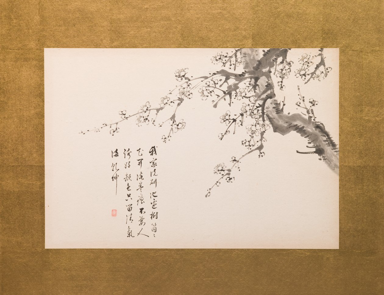 Prunusblommor, vikskärm, panel 1 av 4, Edo-perioden 1844 (tusch på papper) (se även 752779-82) av Yamamoto Baiitsu