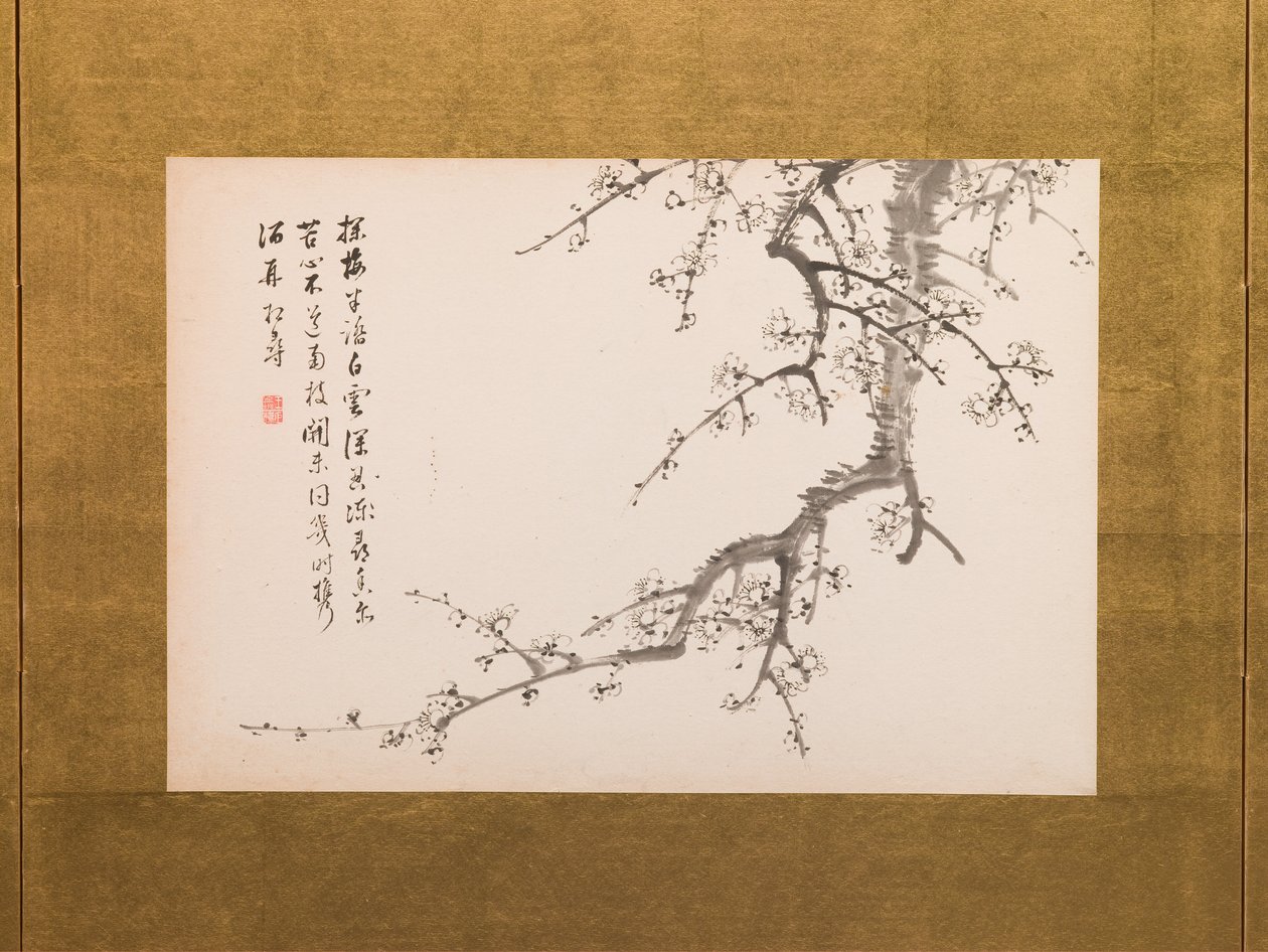 Prunusblommor, vikskärm, panel 2 av 4, Edo-perioden 1844 (tusch på papper) (se även 752778-82) av Yamamoto Baiitsu