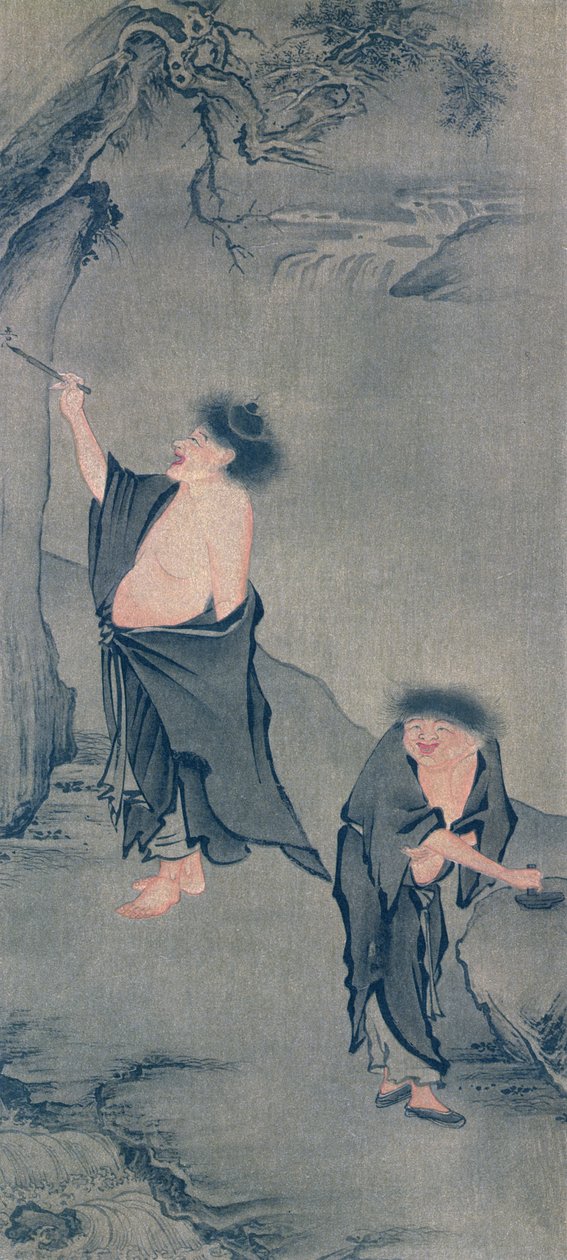 Två kinesiska eremiter, Han Shan skriver på en sten och Shih Te förbereder sitt bläck, efter en kakemono av Yan Hui och publicerad i tidskriften "The Kokka", Japan, 6 juni 1906. av Yan Hui