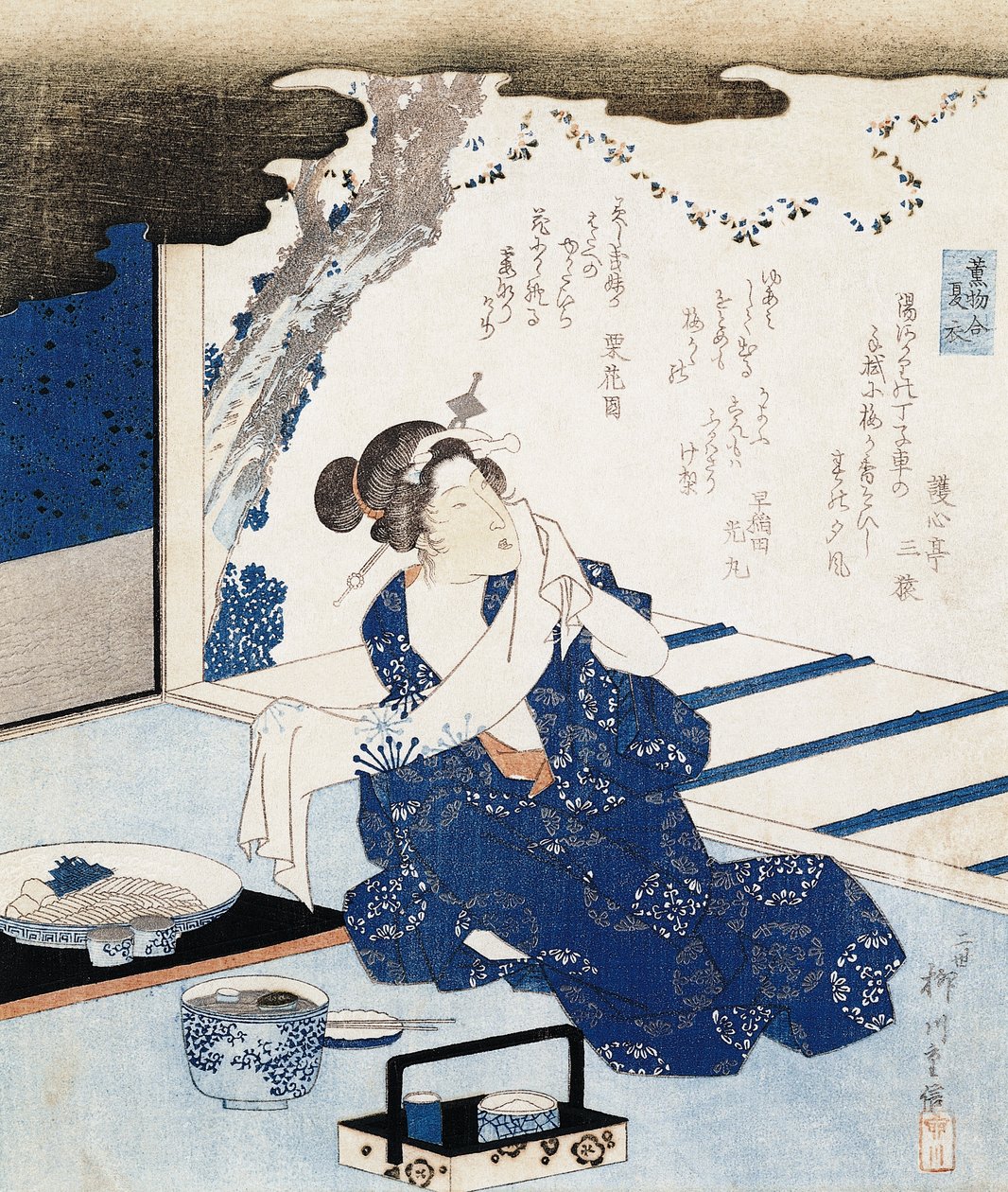 Courtesan bär yukata (blå och vit bomullskimono), väggpanelen är dekorerad med dikt av Yanagawa II Shigenobu