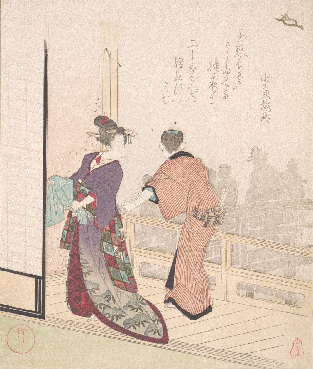 Scen på verandan till ett tehus, 1700-1800-talet. av Yanagawa Shigenobu