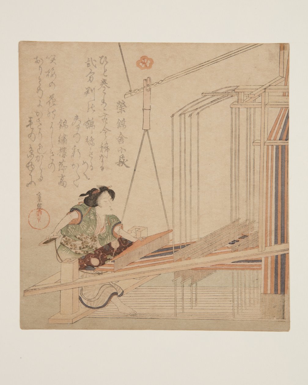 Kvinna som väver vid en vävstol (trätryck i färg) av Yanagawa Shigenobu