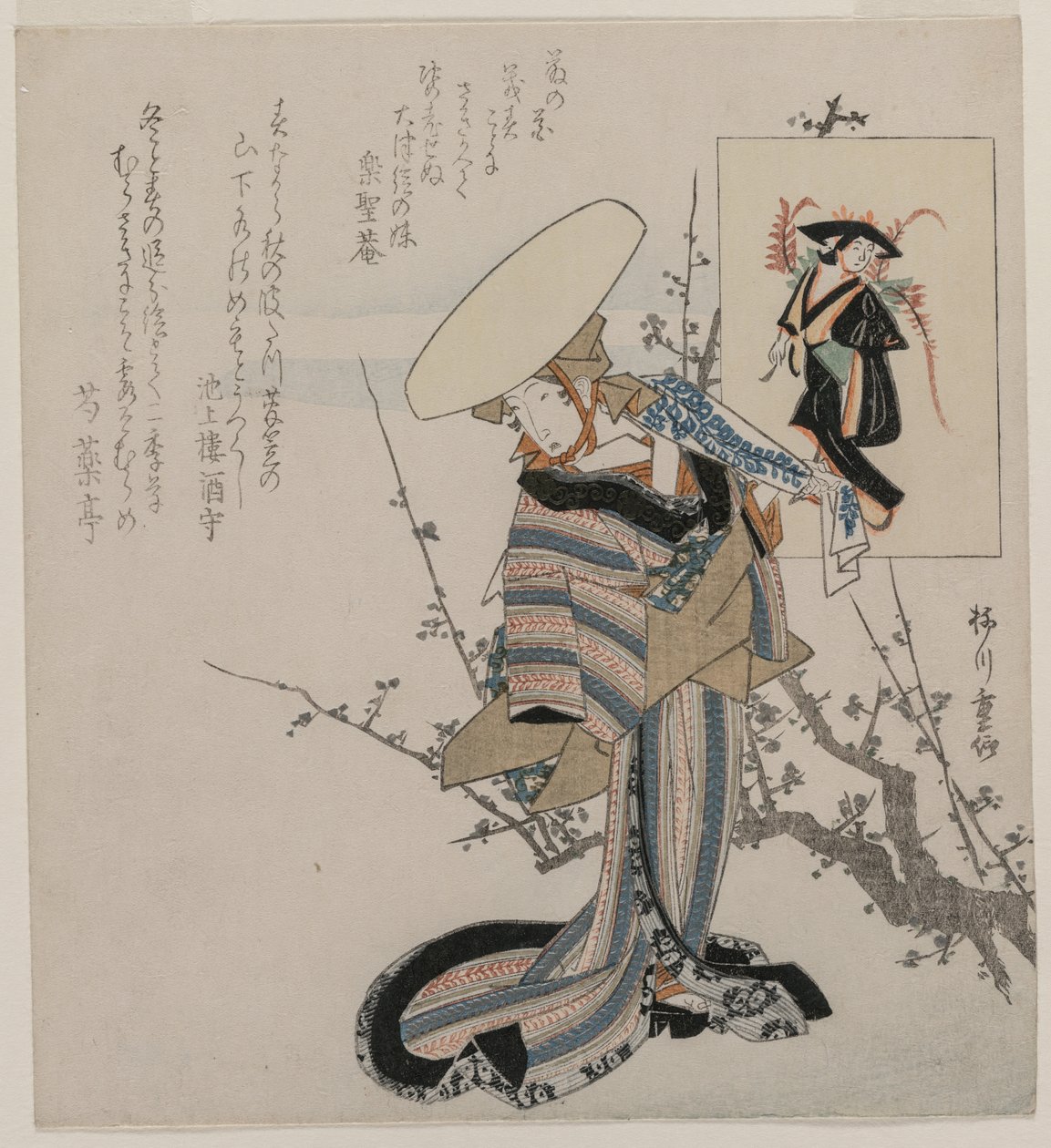 Kvinna vid ett plommonträd matchat med Wisteria Maiden..., ca. tidigt 1830-tal. av Yanagawa Shigenobu