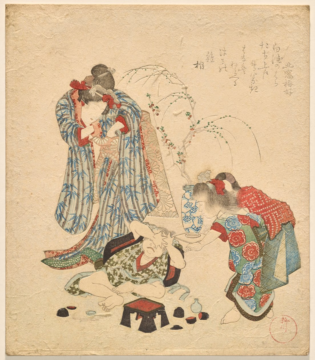 Två tjejer med sin lillebror som välte sakesetet av Yanagawa Shigenobu II