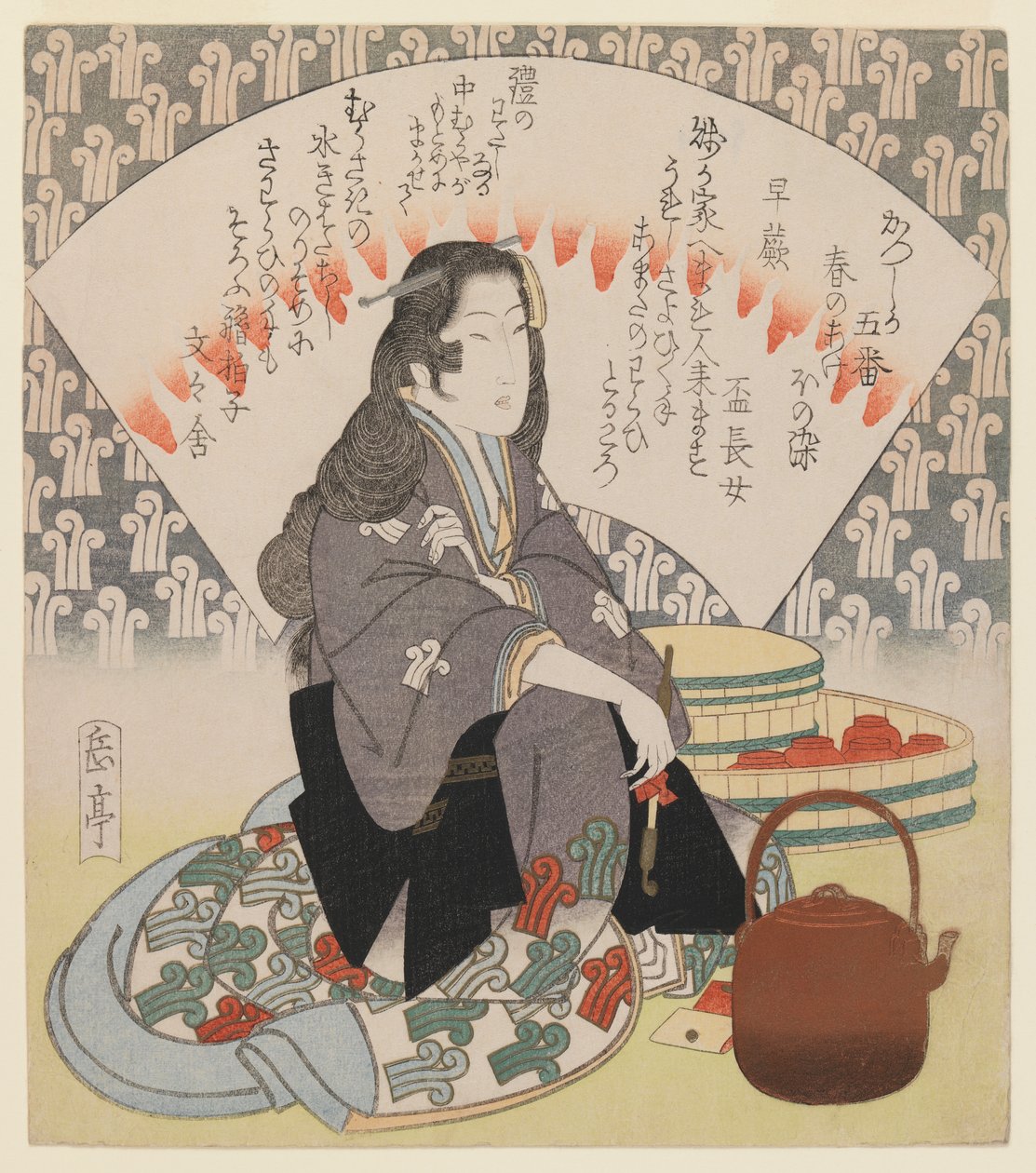 Servitris och kopparvattenkokare från serien om 5 Surimono för Katsushika Poetry Club, ca 1830 (träblockstryck, shikishiban-format, lyxtryck med omfattande metaller) av Yashima Gakutei