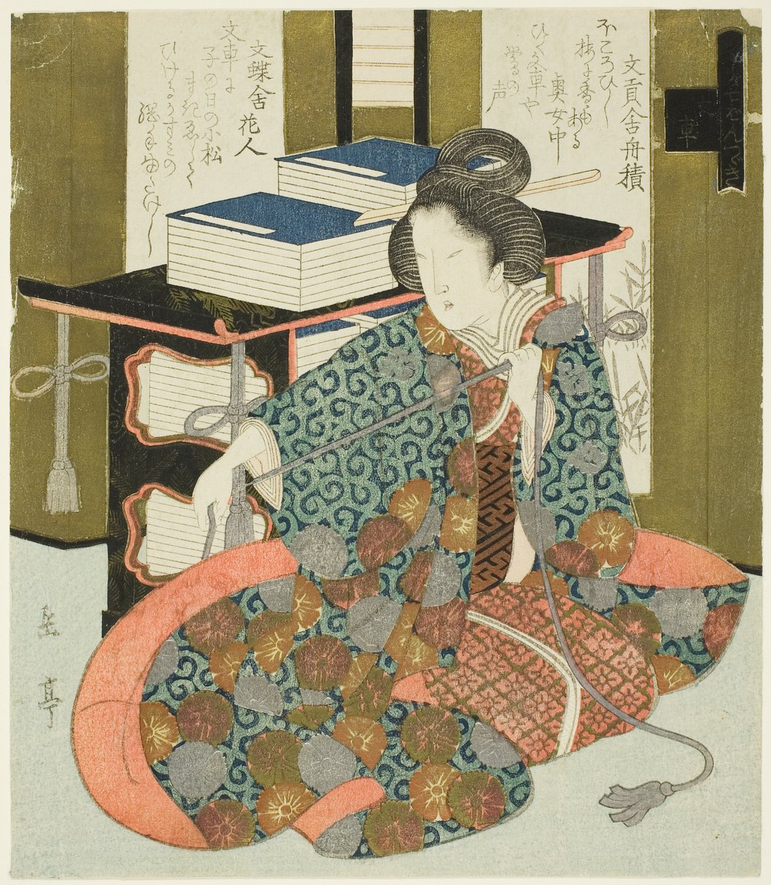 En kvinna som drar i sladden av en bokfodral med hjul, från serien "A Set of Seven for the Katsushika Club" av Yashima Gakutei
