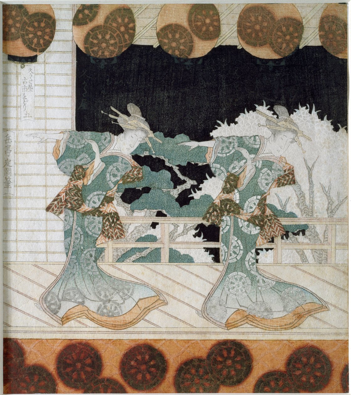 Dansare i traditionell kostym på en scen Japanskt tryck "Surimono" av Yashima Gakutei (1786-1868) 1822 Privat samling av Yashima Gakutei