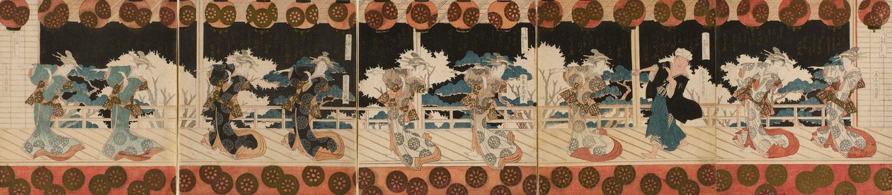 Dancing Courtesans, Three, från pentapyk-serien "Furuichi Dance Performance (Furuichi odori)" för Hisakataya Poetry Club av Yashima Gakutei