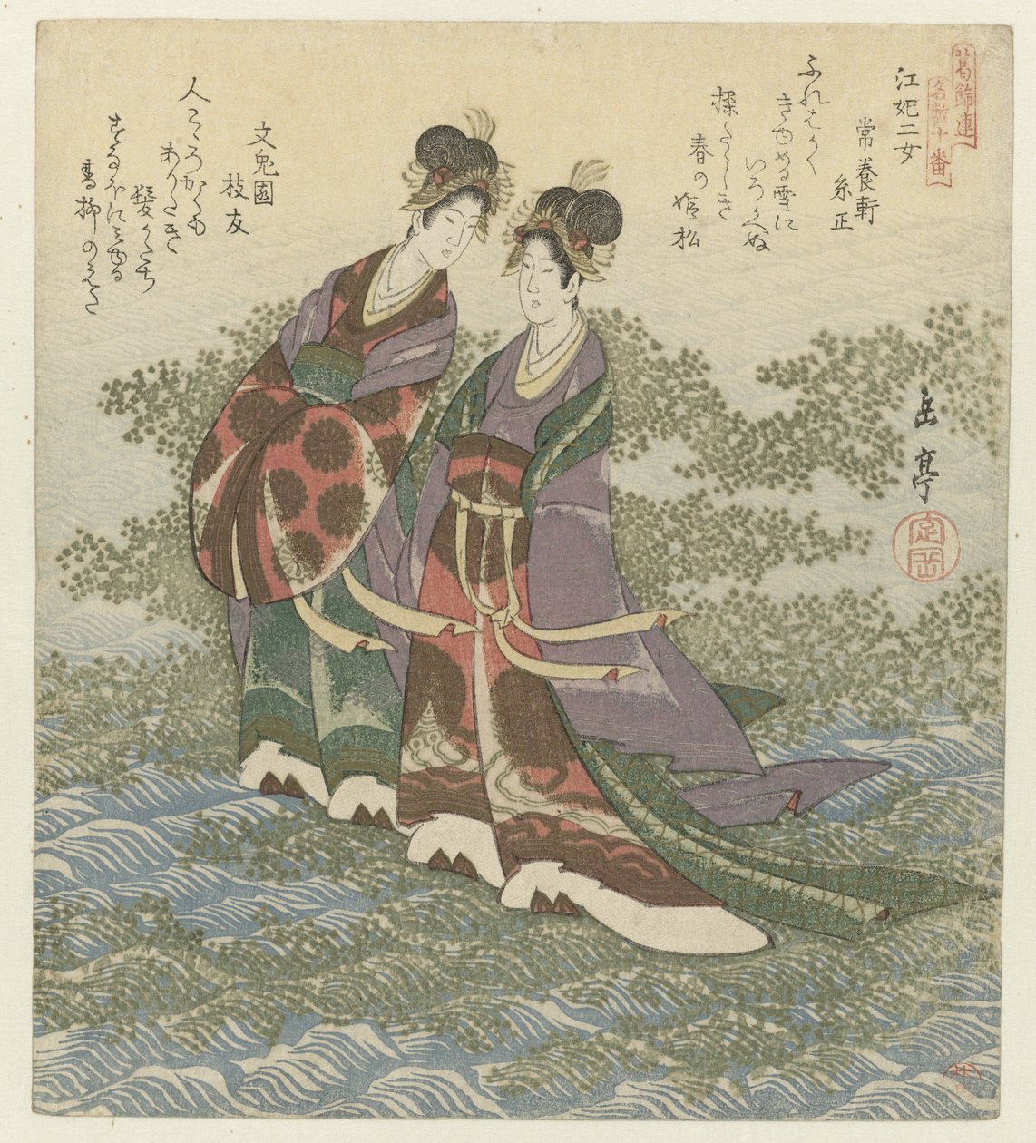 De två flodprinsessorna Kôhi nijo (titel på objekt) En serie med tio tryck av kända sånger för Katsushika Poetry Society (serietitel) Katsushikaren meisû jûban (serietitel på objekt) av Yashima Gakutei
