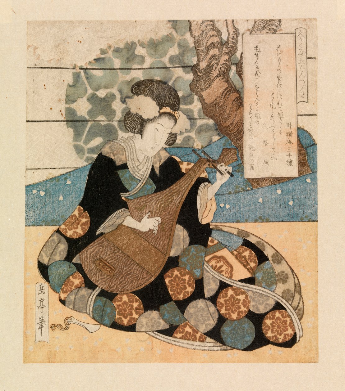 Dam som spelar ett instrument, ca 1804-40 (träsnitt i färg) av Yashima Gakutei