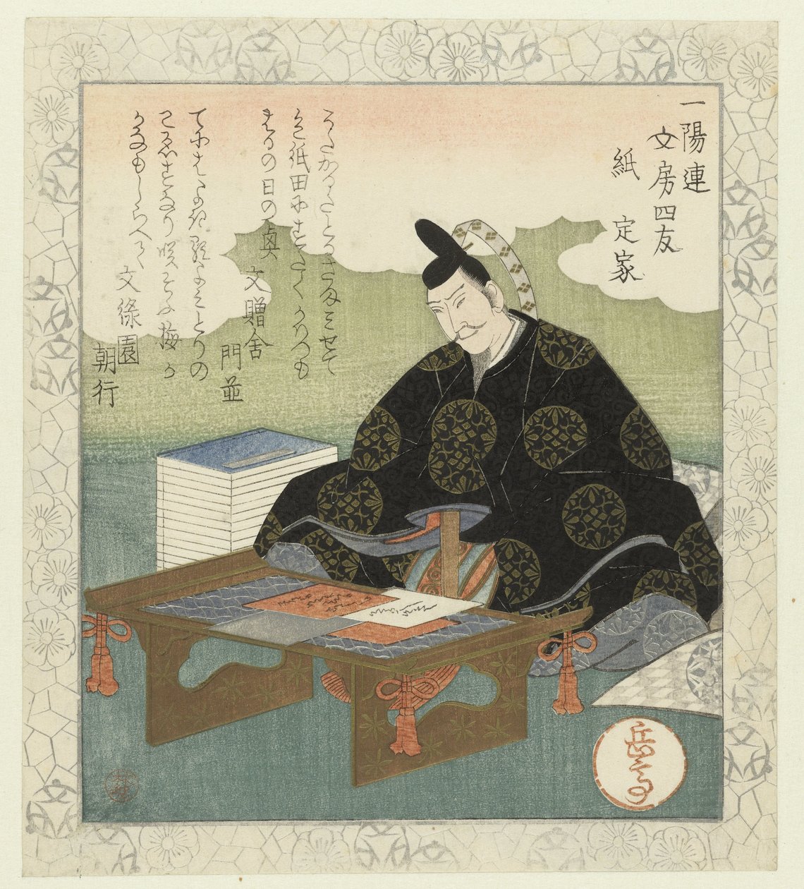 Papper: Fujiwara no Sadaie Kami Sadie (titel på objekt) De fyra kamraterna från Ichiyôrens skrivbord (serietitel) Ichiyôren bunbô shiyû (serietitel på objekt) av Yashima Gakutei