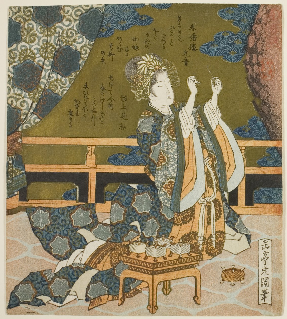 Två kinesiska kvinnor som undersöker tråd och ett spindelnät i en låda, från serien "Diptych for the Drum Group" av Yashima Gakutei