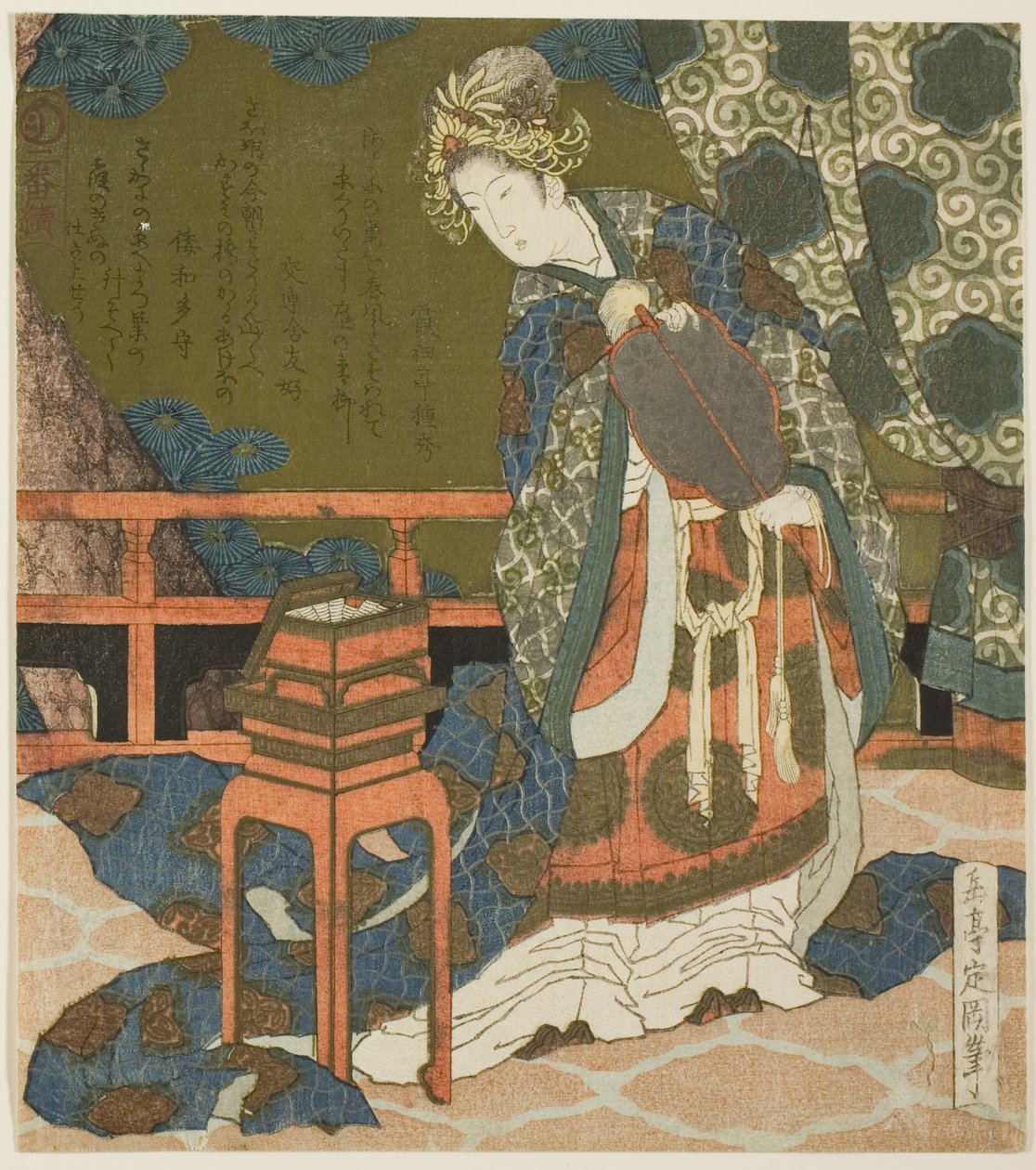 Två kinesiska kvinnor som undersöker tråd och ett spindelnät i en låda, från serien "Diptych for the Drum Group" av Yashima Gakutei